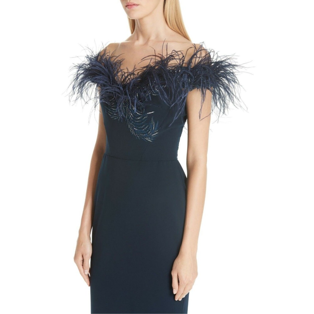 MARCHESA Navy Blue Ostrich Feather Beaded Off Shoulder Fluted Hem Dress 8 M NEW - Picture 4 of 12